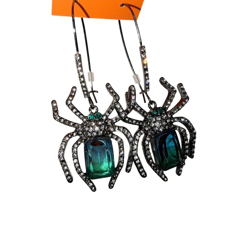 Betsey Johnson Halloween Spider Crystal & Emerald-Tone Gem Drop Earrings (NWT)